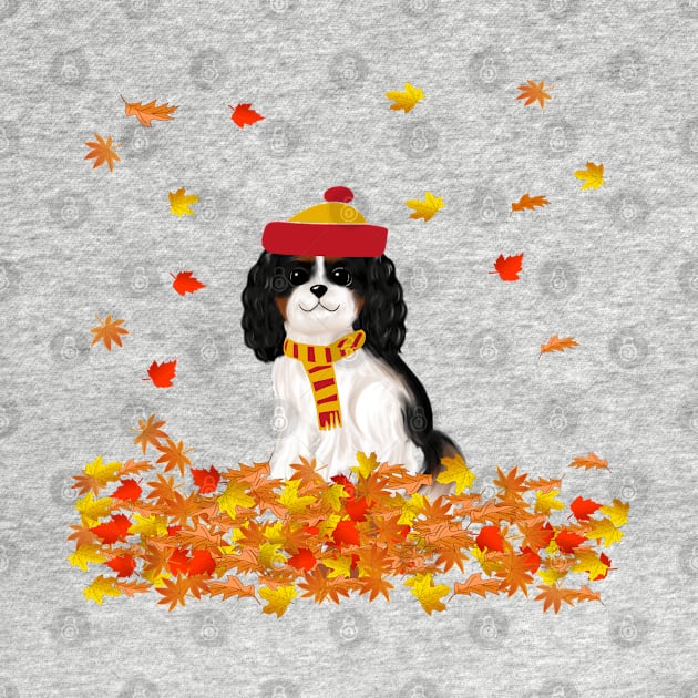 Tri Color Cavalier King Charles Spaniel in Autumn Leaves by Cavalier Gifts